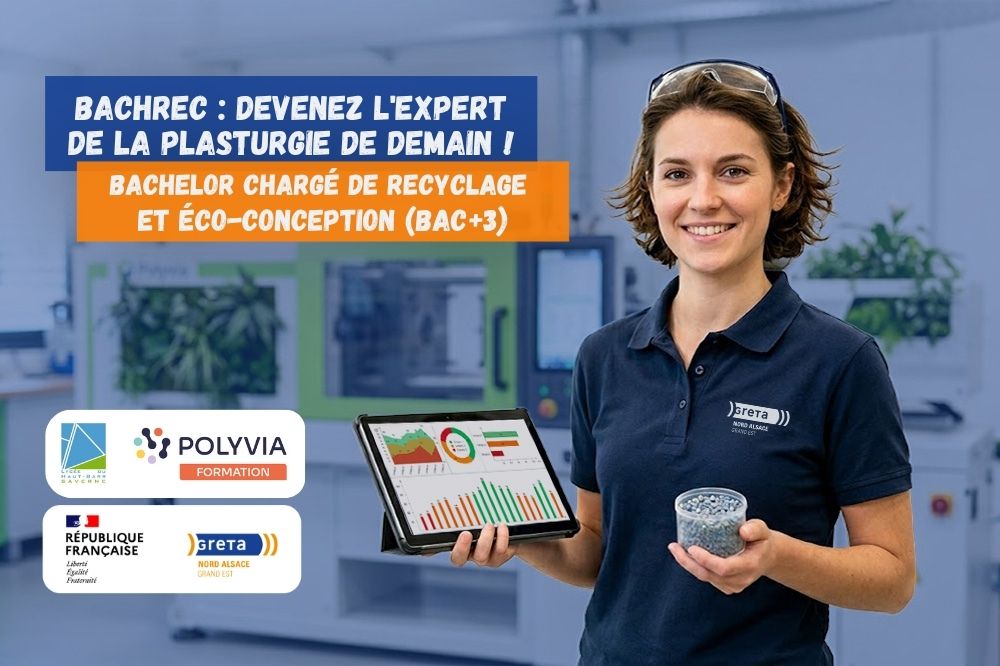 Image de couverture montrant une femme qui tient une tablette dans son espace de travail, là où elle transforme le plastique.